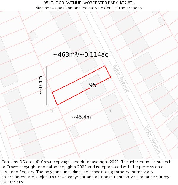 95, TUDOR AVENUE, WORCESTER PARK, KT4 8TU: Plot and title map