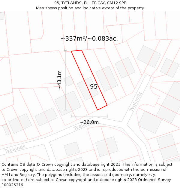 95, TYELANDS, BILLERICAY, CM12 9PB: Plot and title map