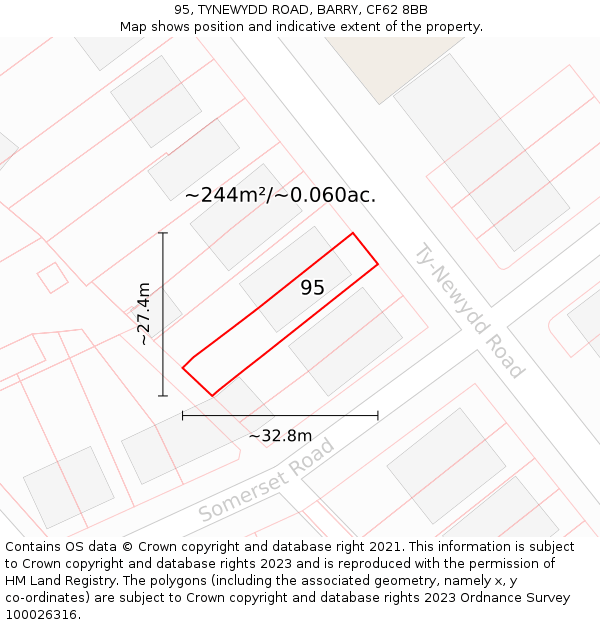 95, TYNEWYDD ROAD, BARRY, CF62 8BB: Plot and title map