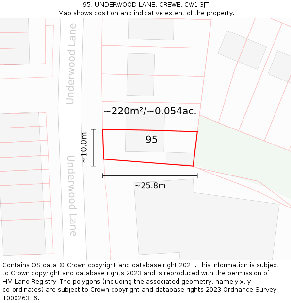 95, UNDERWOOD LANE, CREWE, CW1 3JT: Plot and title map