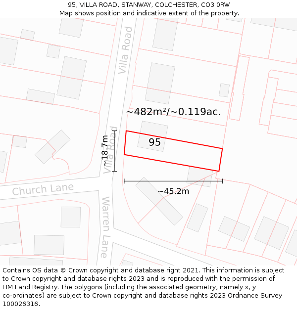 95, VILLA ROAD, STANWAY, COLCHESTER, CO3 0RW: Plot and title map