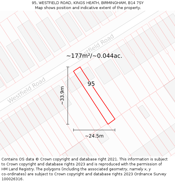 95, WESTFIELD ROAD, KINGS HEATH, BIRMINGHAM, B14 7SY: Plot and title map