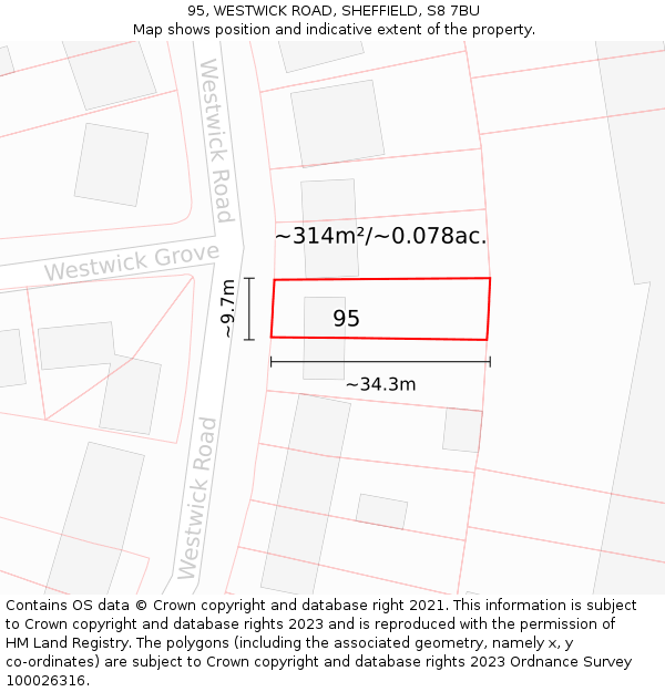 95, WESTWICK ROAD, SHEFFIELD, S8 7BU: Plot and title map