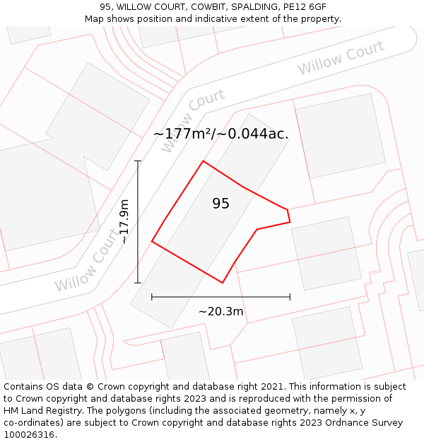 95, WILLOW COURT, COWBIT, SPALDING, PE12 6GF: Plot and title map