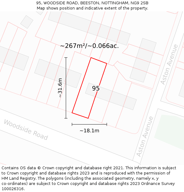 95, WOODSIDE ROAD, BEESTON, NOTTINGHAM, NG9 2SB: Plot and title map