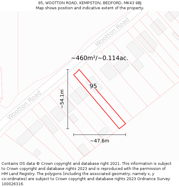 95, WOOTTON ROAD, KEMPSTON, BEDFORD, MK43 9BJ: Plot and title map