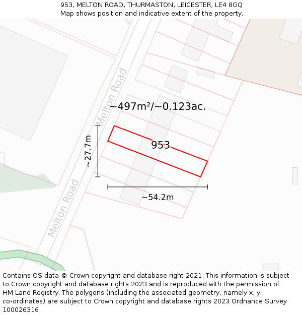 953, MELTON ROAD, THURMASTON, LEICESTER, LE4 8GQ: Plot and title map