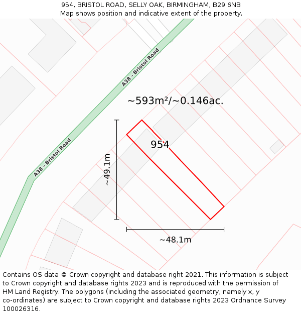 954, BRISTOL ROAD, SELLY OAK, BIRMINGHAM, B29 6NB: Plot and title map