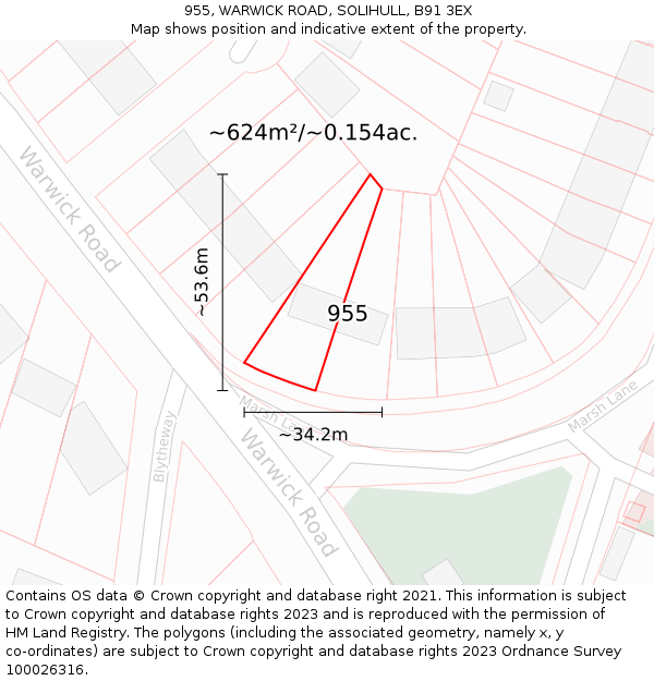 955, WARWICK ROAD, SOLIHULL, B91 3EX: Plot and title map