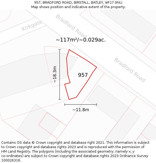 957, BRADFORD ROAD, BIRSTALL, BATLEY, WF17 9NU: Plot and title map