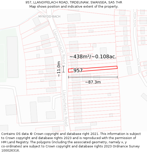 957, LLANGYFELACH ROAD, TIRDEUNAW, SWANSEA, SA5 7HR: Plot and title map