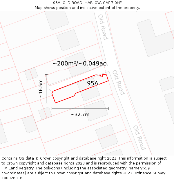 95A, OLD ROAD, HARLOW, CM17 0HF: Plot and title map