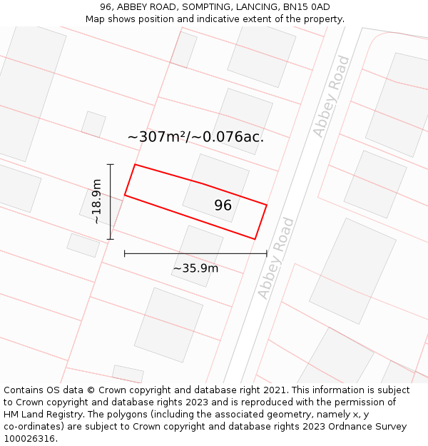 96, ABBEY ROAD, SOMPTING, LANCING, BN15 0AD: Plot and title map