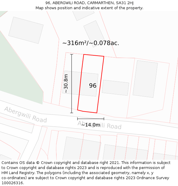 96, ABERGWILI ROAD, CARMARTHEN, SA31 2HJ: Plot and title map