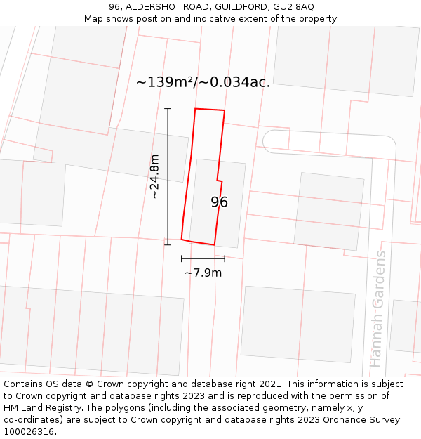 96, ALDERSHOT ROAD, GUILDFORD, GU2 8AQ: Plot and title map