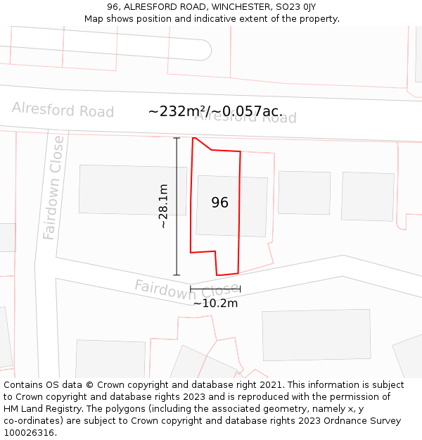 96, ALRESFORD ROAD, WINCHESTER, SO23 0JY: Plot and title map