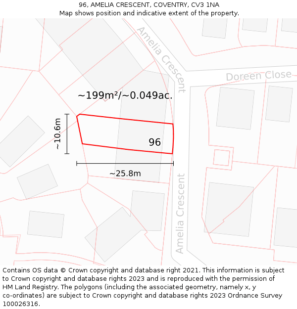 96, AMELIA CRESCENT, COVENTRY, CV3 1NA: Plot and title map