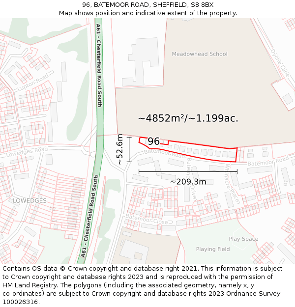 96, BATEMOOR ROAD, SHEFFIELD, S8 8BX: Plot and title map