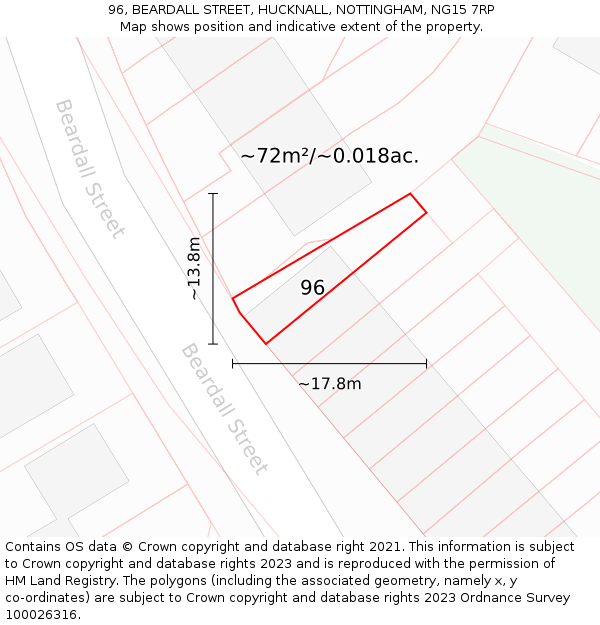 96, BEARDALL STREET, HUCKNALL, NOTTINGHAM, NG15 7RP: Plot and title map