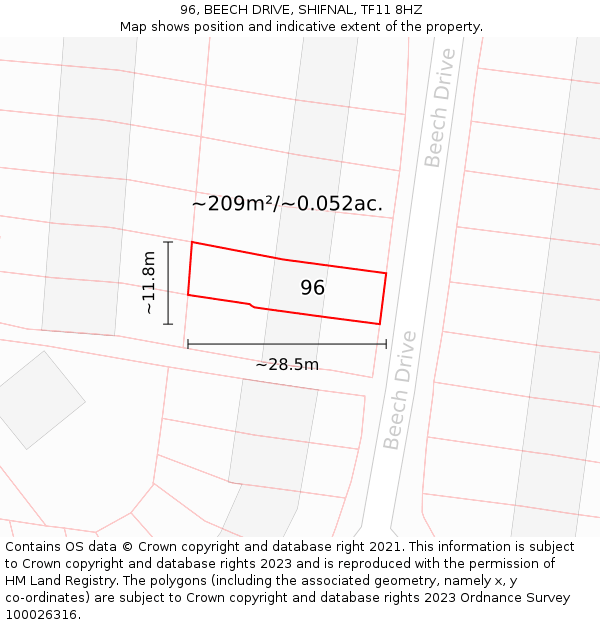 96, BEECH DRIVE, SHIFNAL, TF11 8HZ: Plot and title map