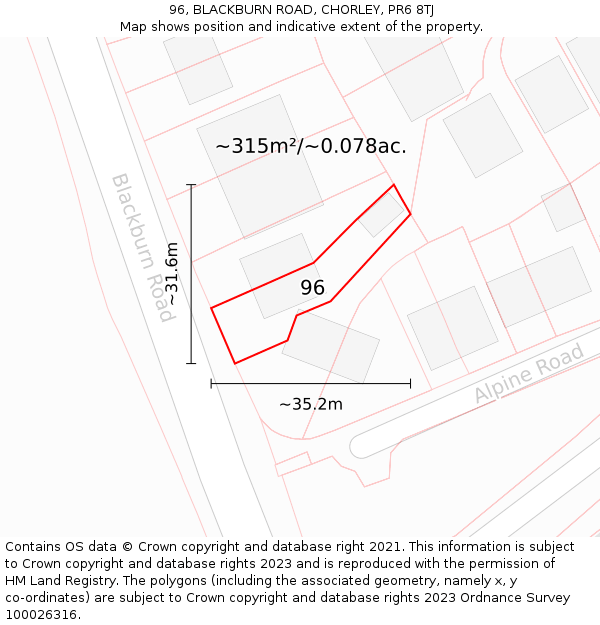 96, BLACKBURN ROAD, CHORLEY, PR6 8TJ: Plot and title map