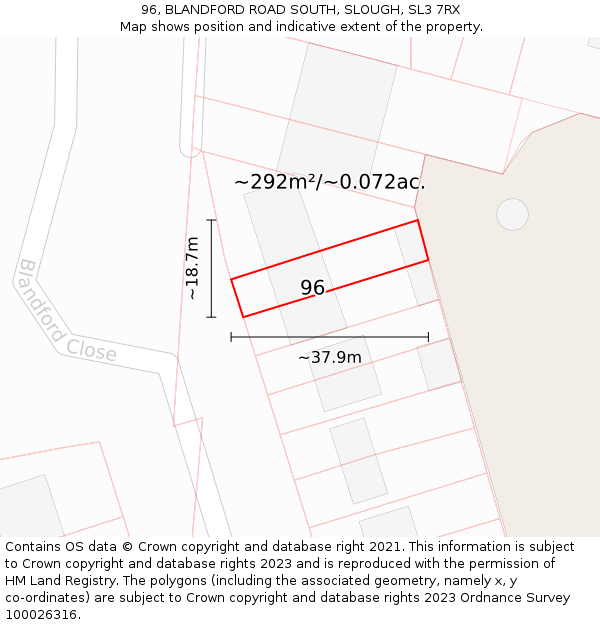 96, BLANDFORD ROAD SOUTH, SLOUGH, SL3 7RX: Plot and title map