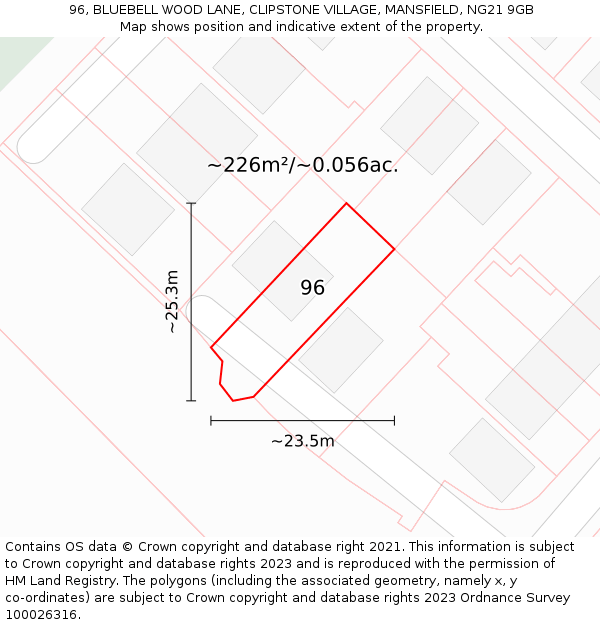 96, BLUEBELL WOOD LANE, CLIPSTONE VILLAGE, MANSFIELD, NG21 9GB: Plot and title map