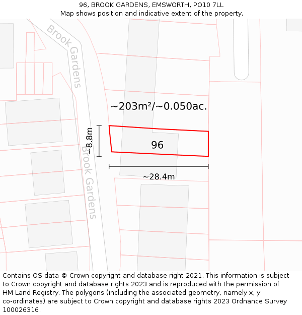 96, BROOK GARDENS, EMSWORTH, PO10 7LL: Plot and title map