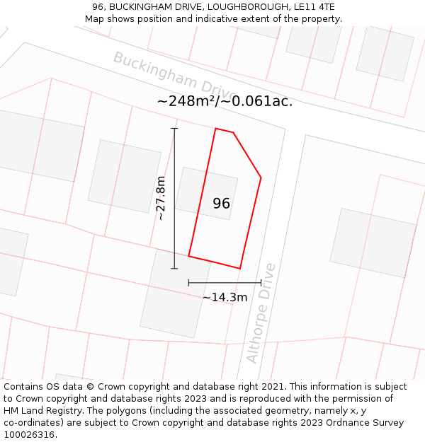 96, BUCKINGHAM DRIVE, LOUGHBOROUGH, LE11 4TE: Plot and title map