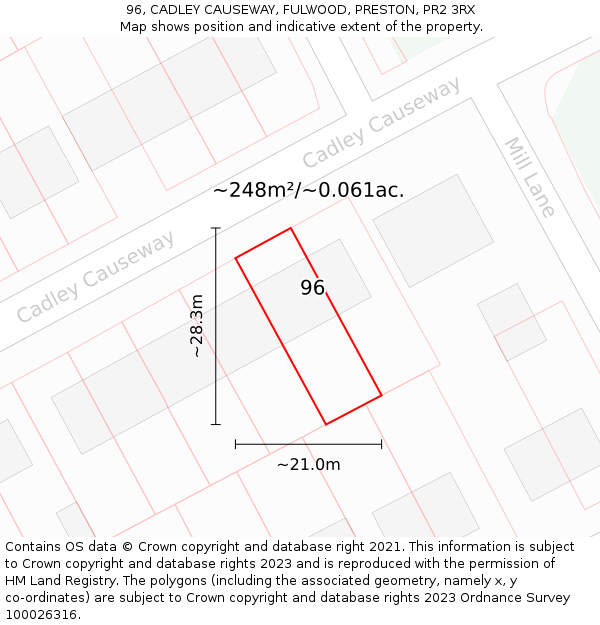 96, CADLEY CAUSEWAY, FULWOOD, PRESTON, PR2 3RX: Plot and title map