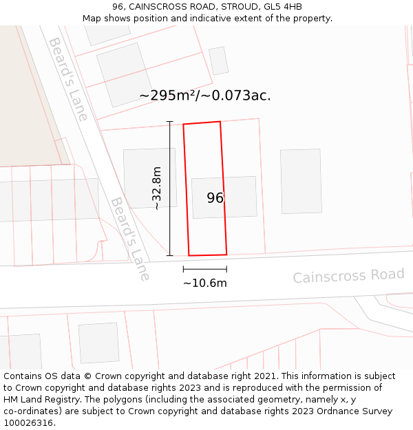 96, CAINSCROSS ROAD, STROUD, GL5 4HB: Plot and title map