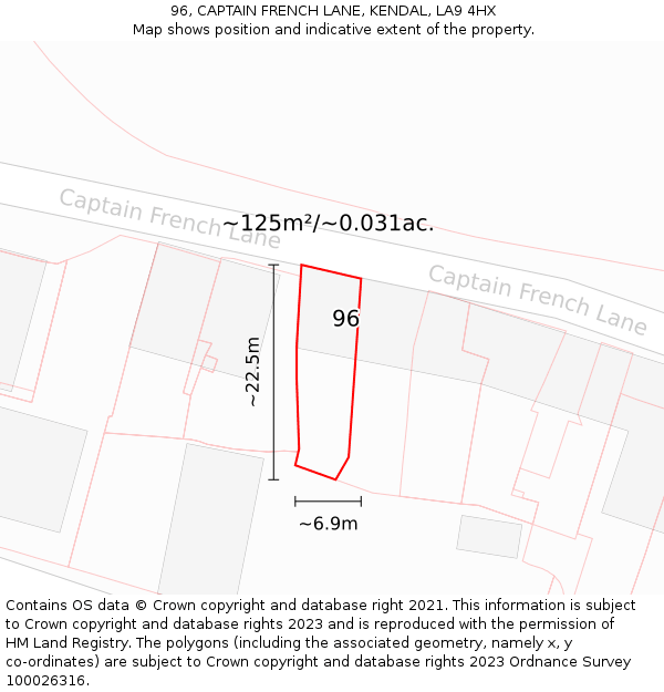 96, CAPTAIN FRENCH LANE, KENDAL, LA9 4HX: Plot and title map