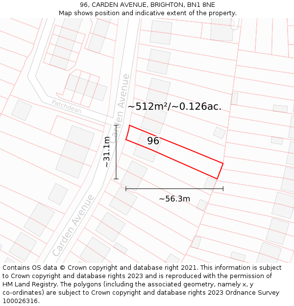 96, CARDEN AVENUE, BRIGHTON, BN1 8NE: Plot and title map