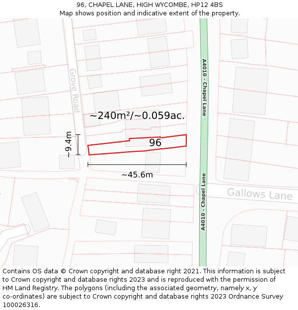 96, CHAPEL LANE, HIGH WYCOMBE, HP12 4BS: Plot and title map