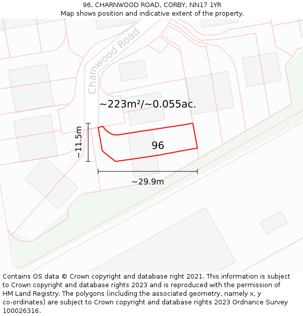 96, CHARNWOOD ROAD, CORBY, NN17 1YR: Plot and title map