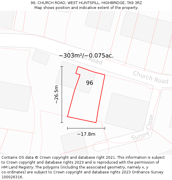 96, CHURCH ROAD, WEST HUNTSPILL, HIGHBRIDGE, TA9 3RZ: Plot and title map