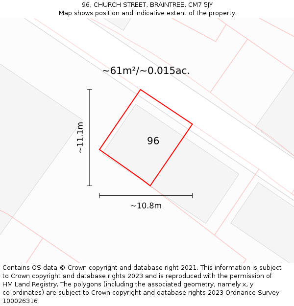 96, CHURCH STREET, BRAINTREE, CM7 5JY: Plot and title map