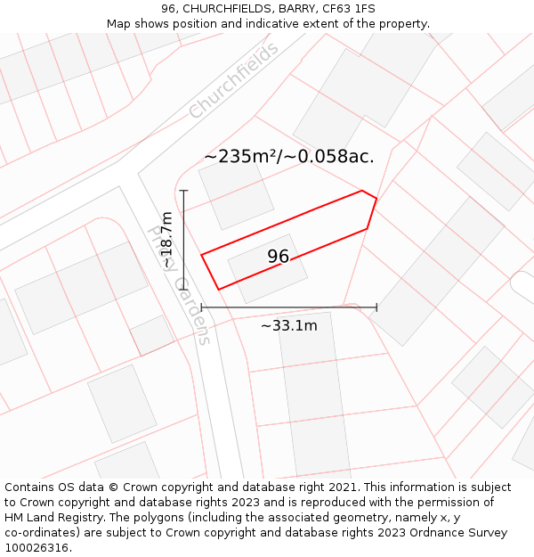 96, CHURCHFIELDS, BARRY, CF63 1FS: Plot and title map