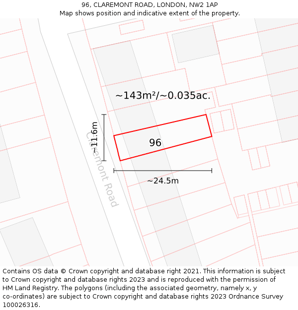 96, CLAREMONT ROAD, LONDON, NW2 1AP: Plot and title map