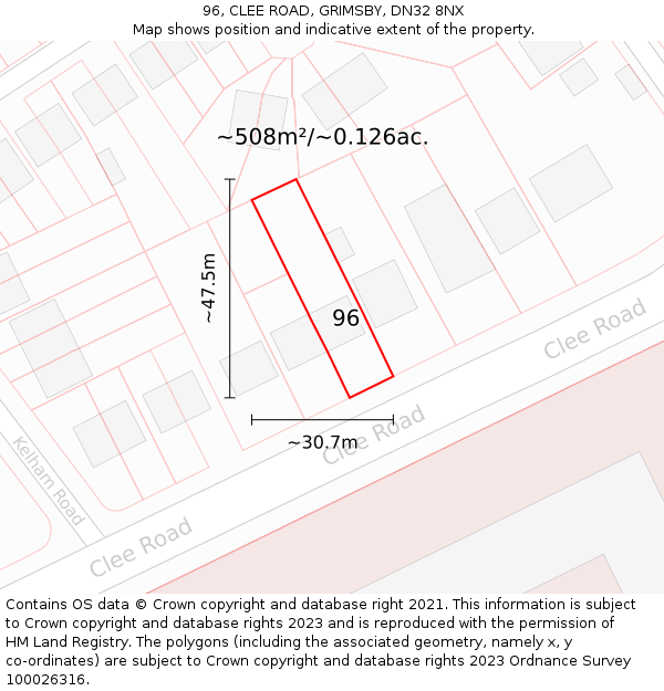 96, CLEE ROAD, GRIMSBY, DN32 8NX: Plot and title map