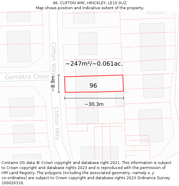 96, CLIFTON WAY, HINCKLEY, LE10 0UZ: Plot and title map