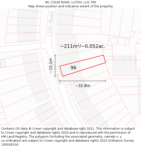 96, COLIN ROAD, LUTON, LU2 7RX: Plot and title map