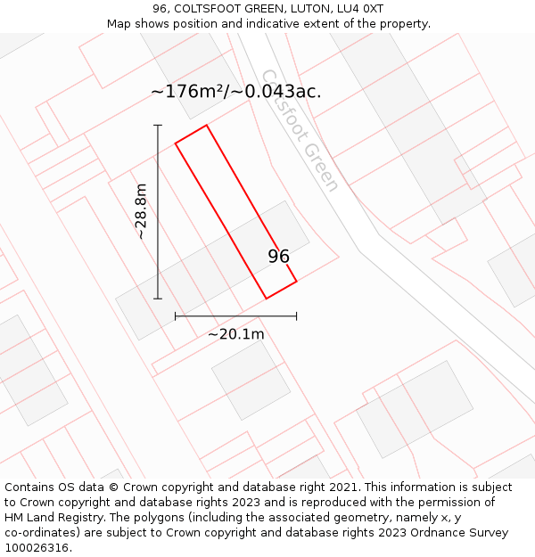 96, COLTSFOOT GREEN, LUTON, LU4 0XT: Plot and title map