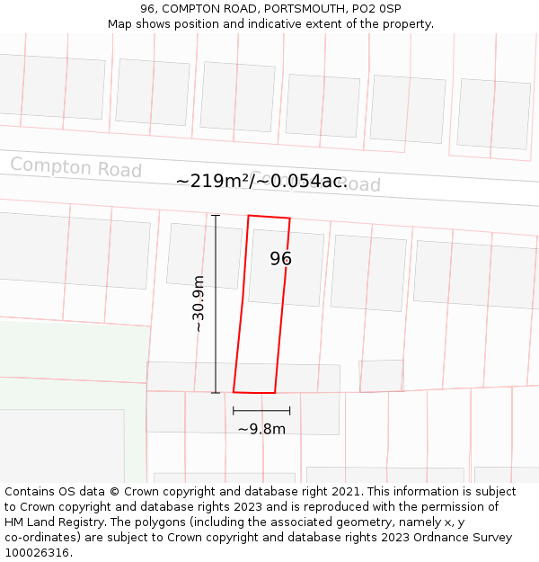 96, COMPTON ROAD, PORTSMOUTH, PO2 0SP: Plot and title map