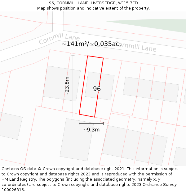 96, CORNMILL LANE, LIVERSEDGE, WF15 7ED: Plot and title map