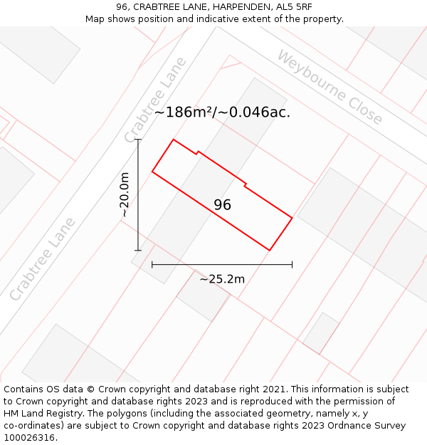 96, CRABTREE LANE, HARPENDEN, AL5 5RF: Plot and title map