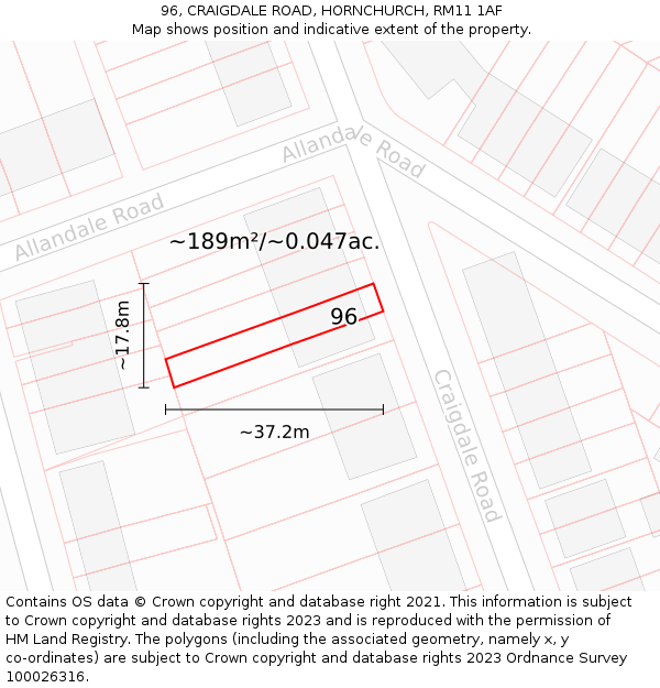 96, CRAIGDALE ROAD, HORNCHURCH, RM11 1AF: Plot and title map