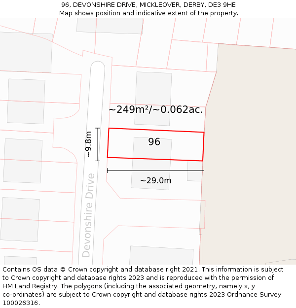 96, DEVONSHIRE DRIVE, MICKLEOVER, DERBY, DE3 9HE: Plot and title map