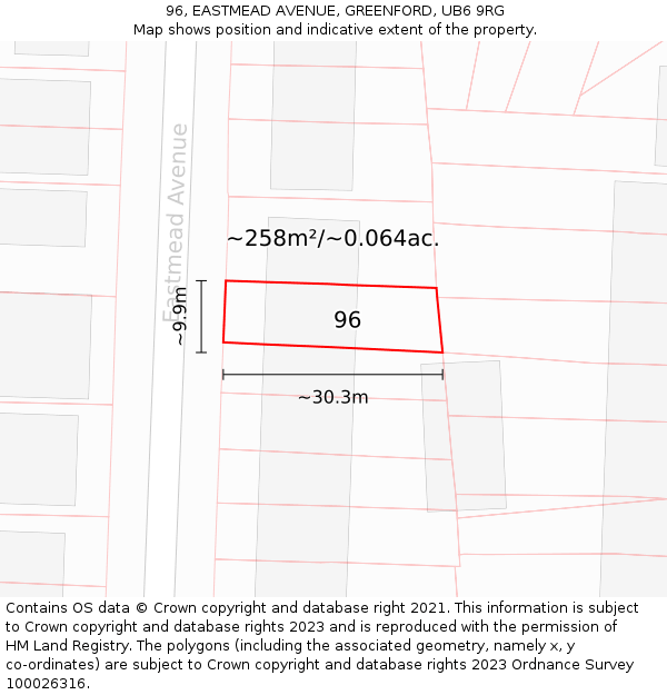 96, EASTMEAD AVENUE, GREENFORD, UB6 9RG: Plot and title map