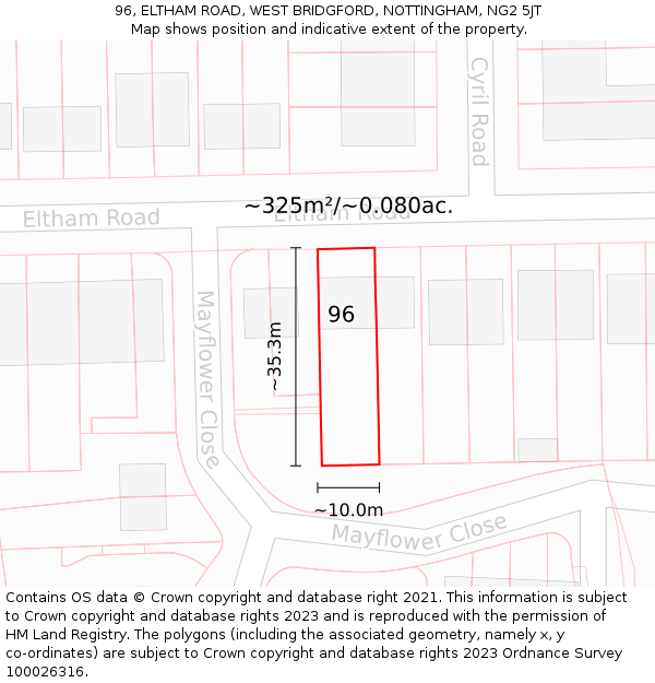 96, ELTHAM ROAD, WEST BRIDGFORD, NOTTINGHAM, NG2 5JT: Plot and title map